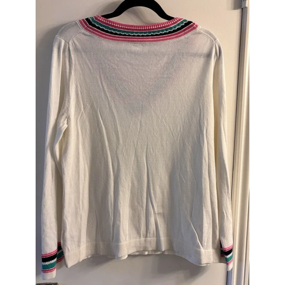 Talbots White V-Neck Sweater‎ Womens Large Pink Stripe Trim Cotton Blend